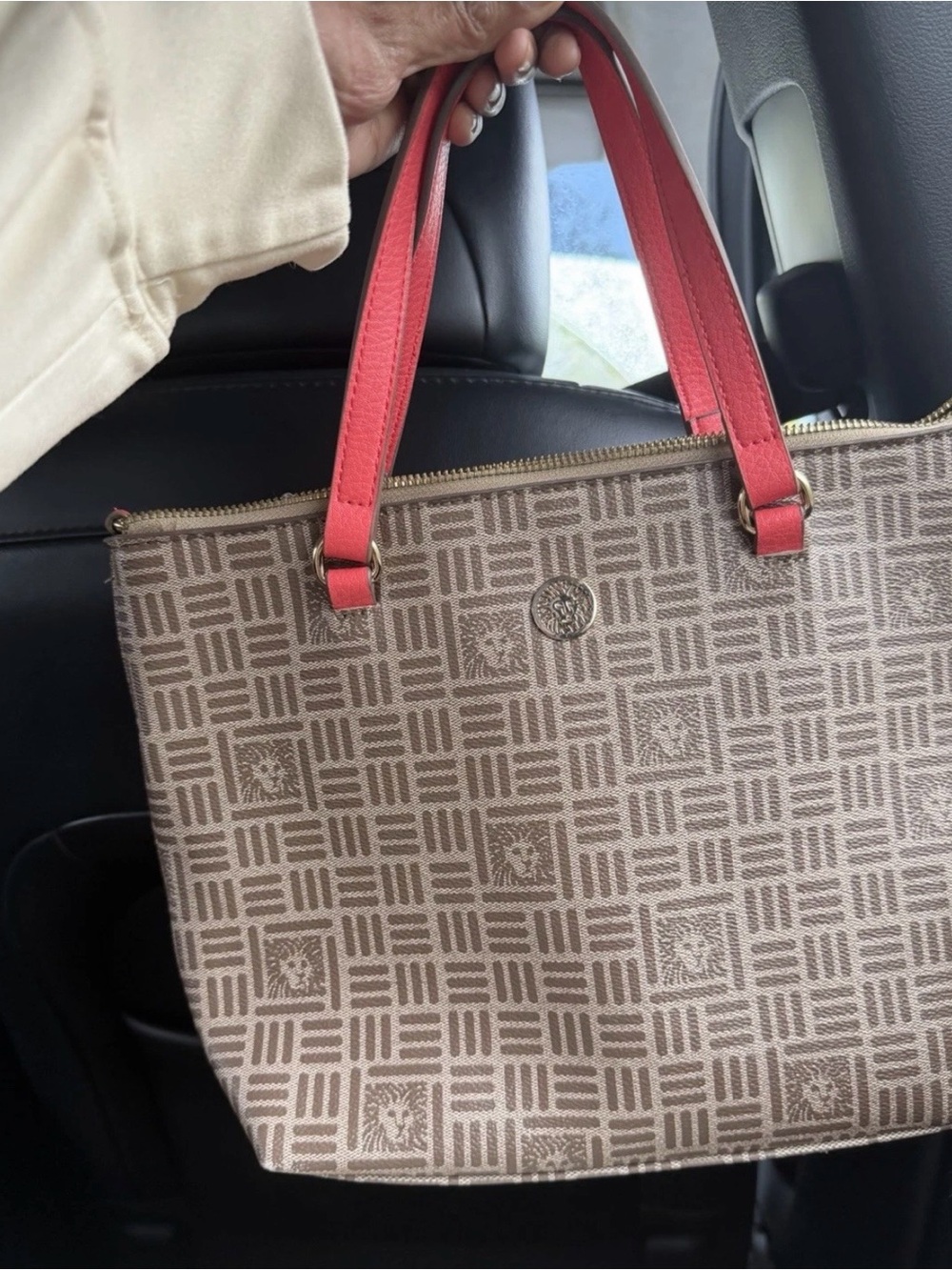 Anne Klein Beige Patterned Tote with Coral Handles